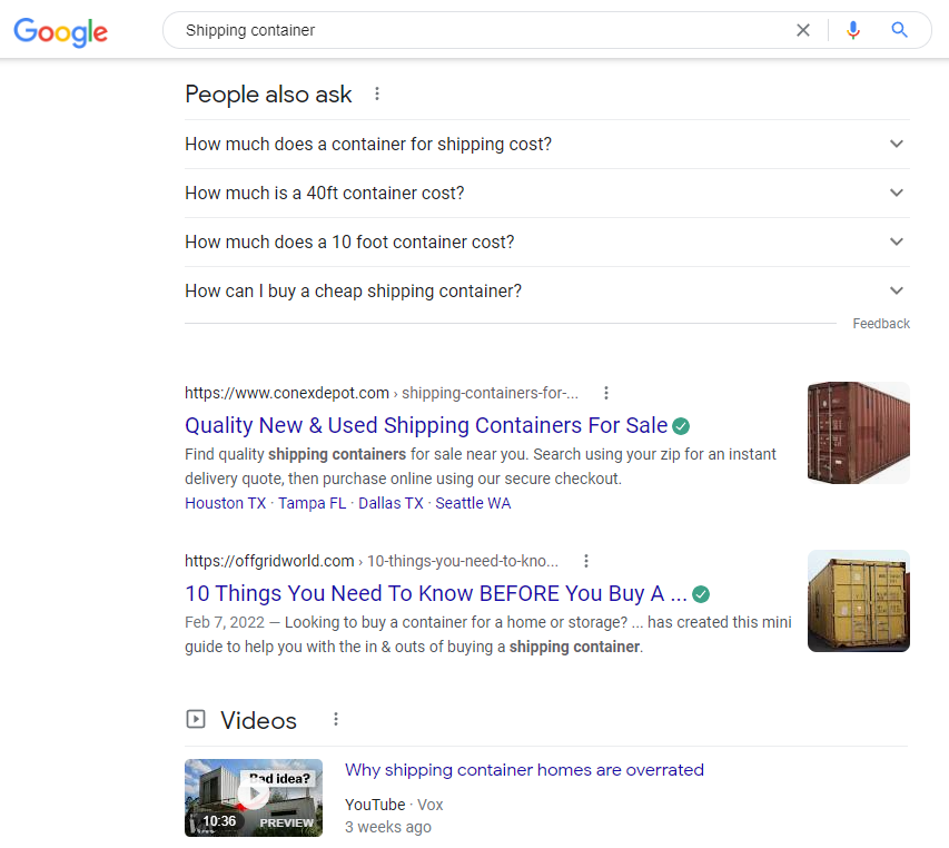 organic search results for container companies
